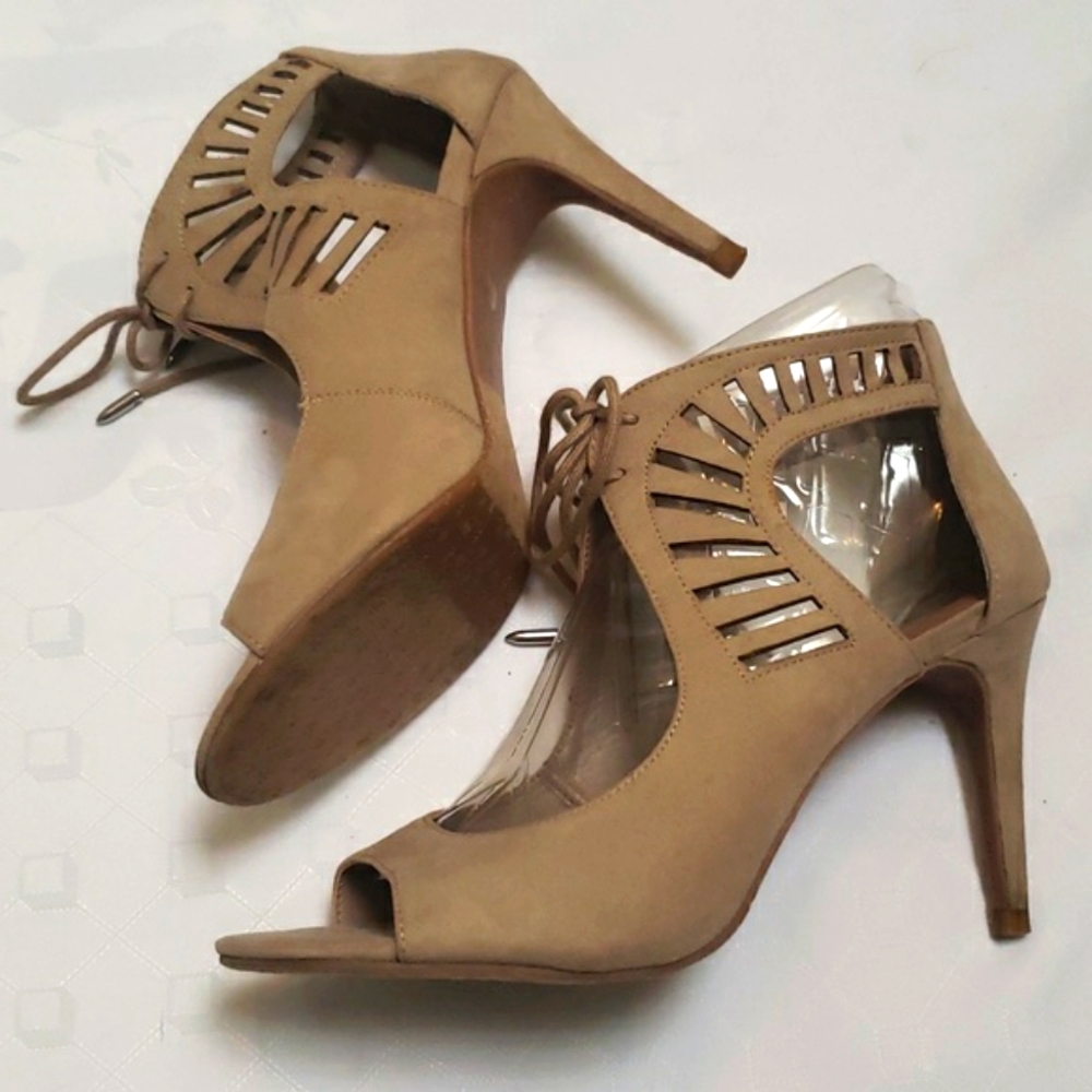 Dolce Vita Women's Tan Suede Open Toe 4” Spike Heel Lace Up Size 8,5